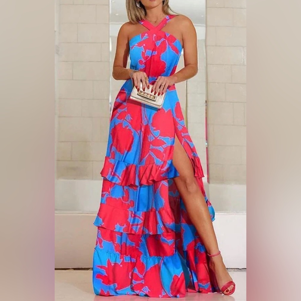 Bohemian Ruffled Slit Contrast Print Maxi Dress, size XL (fits like a large)